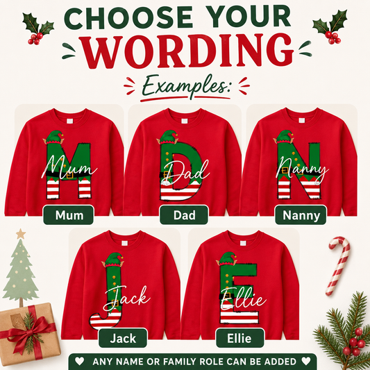 Personalised family matching xmas sweaters sweatshirts jumpers festive - YOUR name elf initial design - red