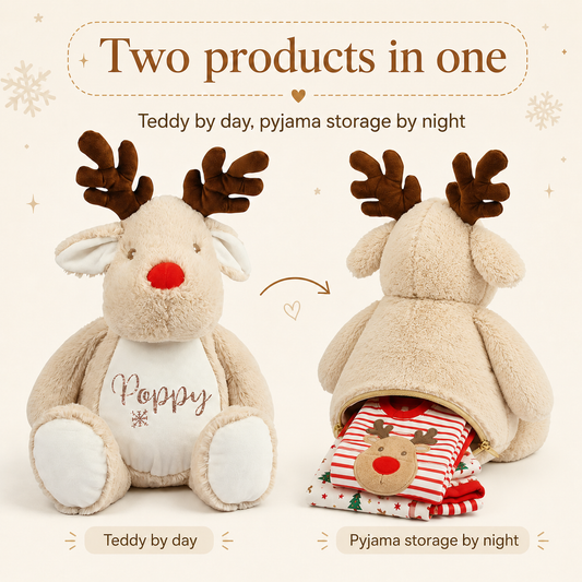 Personalised Reindeer Pyjama Case, 40cm Christmas Teddy with Rose Gold Glitter Name