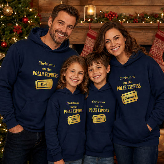 Personalised Polar Express Hoodie | Matching Family Christmas Hoodies | Gold Ticket Name Design | Kids & Adults