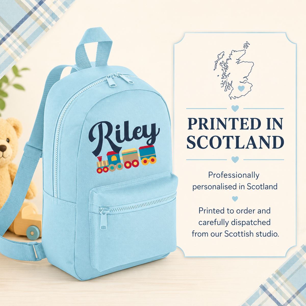 Personalised Train Mini Backpack – Custom Name Kids’ Nursery Rucksack, 7L