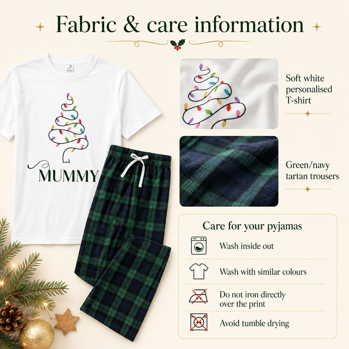 Personalised Matching Family Christmas Pyjamas – Tree Lights & Green Tartan