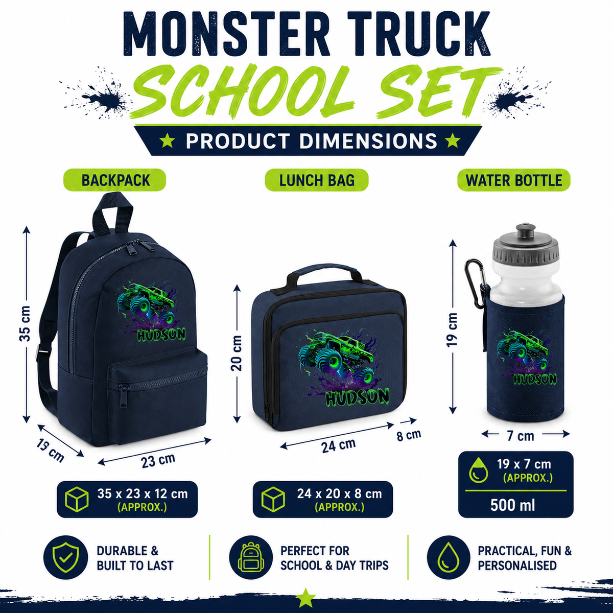 PERSONALISED: your name mini backpack back pack, lunch bag box and water bottle school set gym pe nursery bag Monster Truck