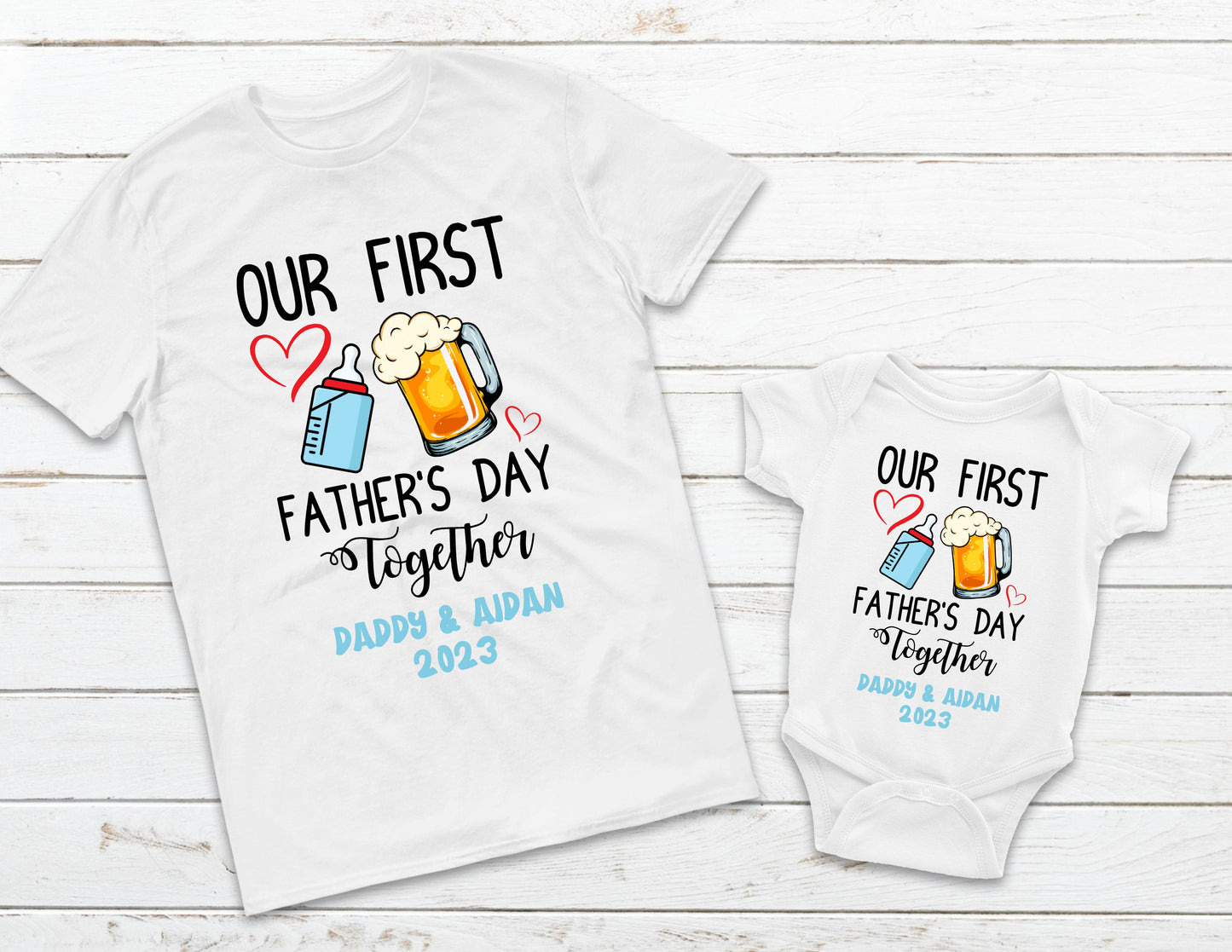 Personalised: our first Father's Day, names mens tee and baby vest set - beer, milk