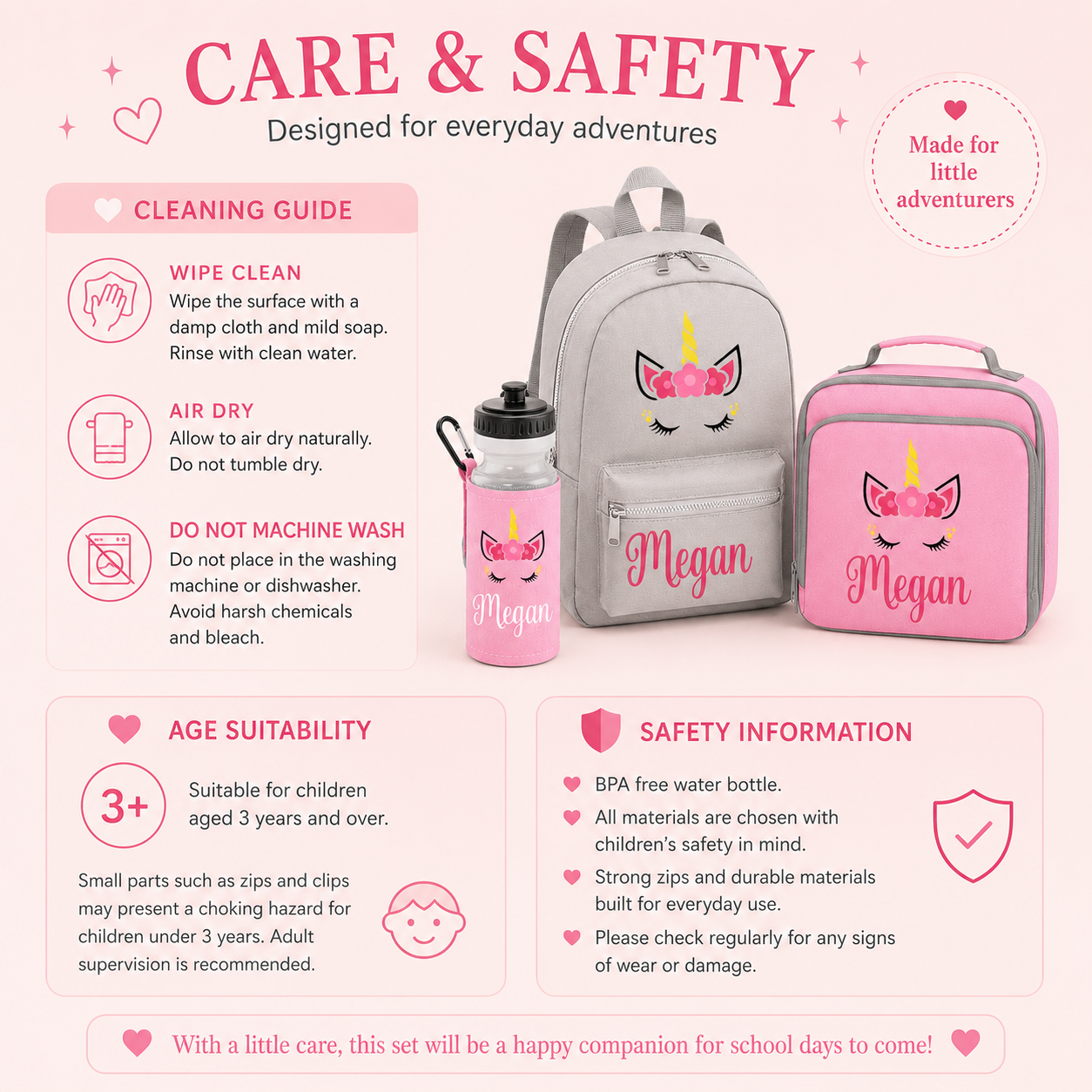 Personalised Unicorn School Set, Girls Backpack Lunch Bag and Water Bottle, Named Nursery Bag Set