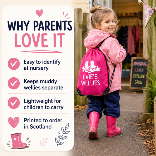 PERSONALISED: your name's wellies bag welly boots outdoor shoes wet shoes school gym pe nursery bag