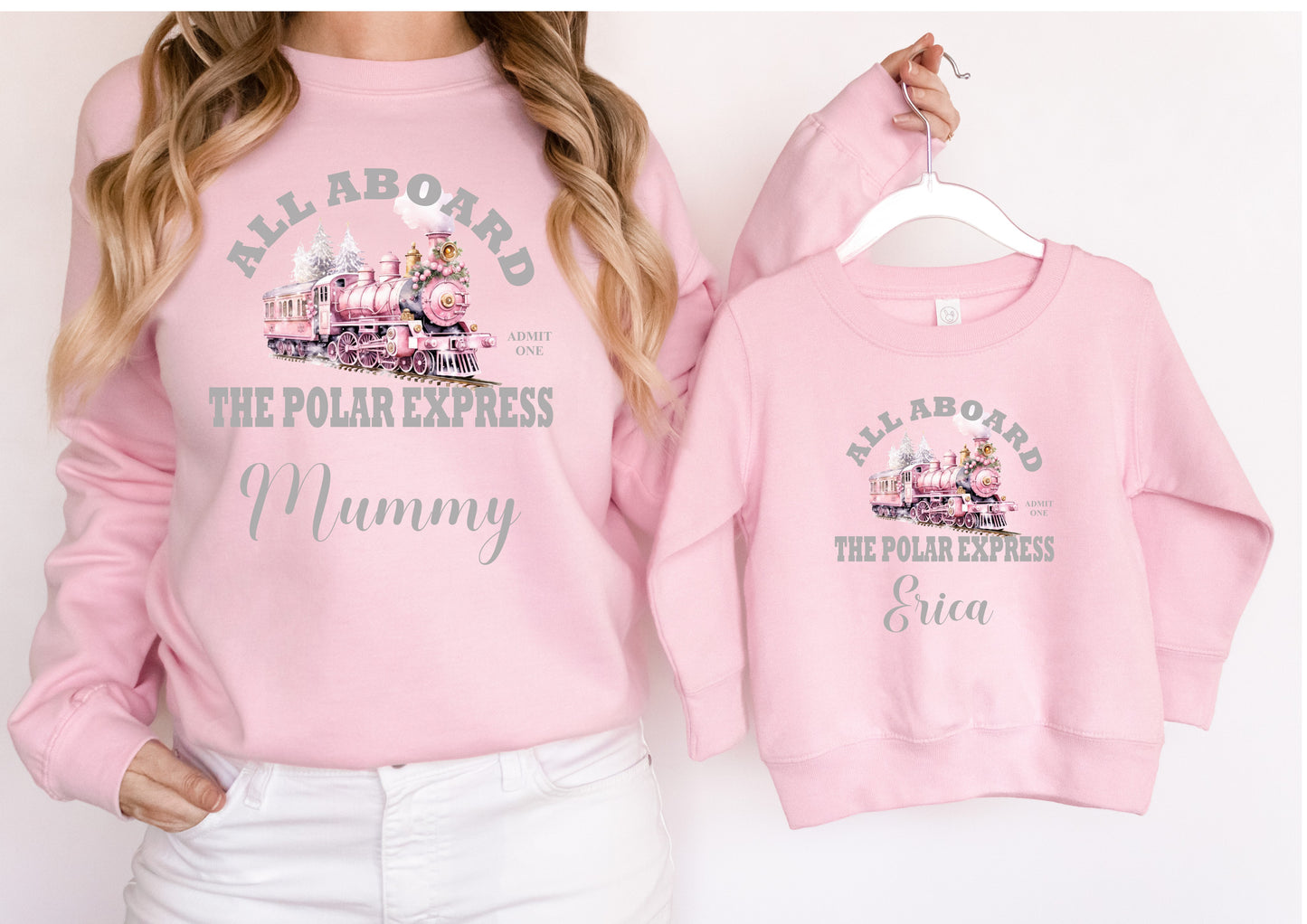 Personalised: Adults & Kids matching pink sweaters sweatshirts jumpers - Polar Express