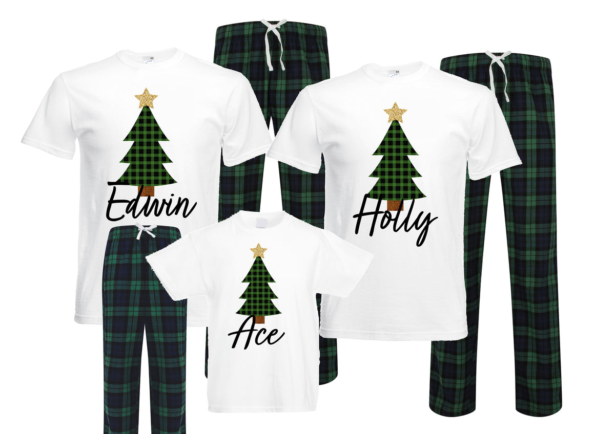 Personalised Matching Family Christmas Pyjamas – Tree Green Tartan