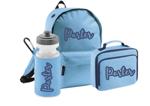 Personalised school set - rucksack, lunch bag and water bottle with carrier - BLUE