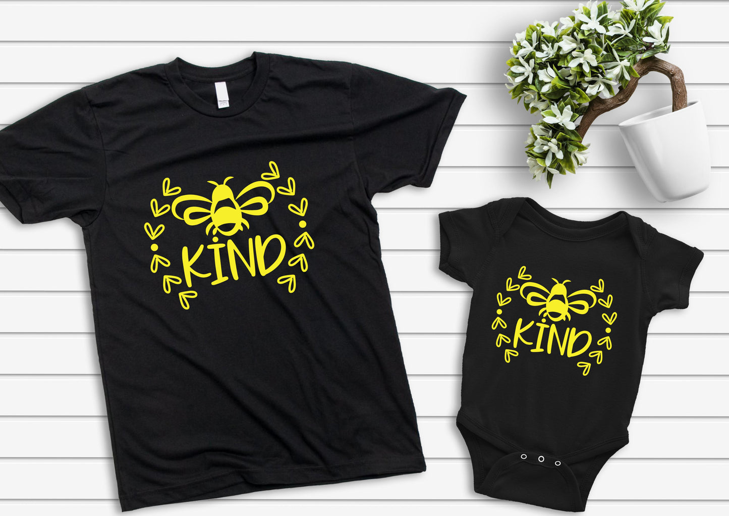Bee kind t-shirt and baby vest set twinning