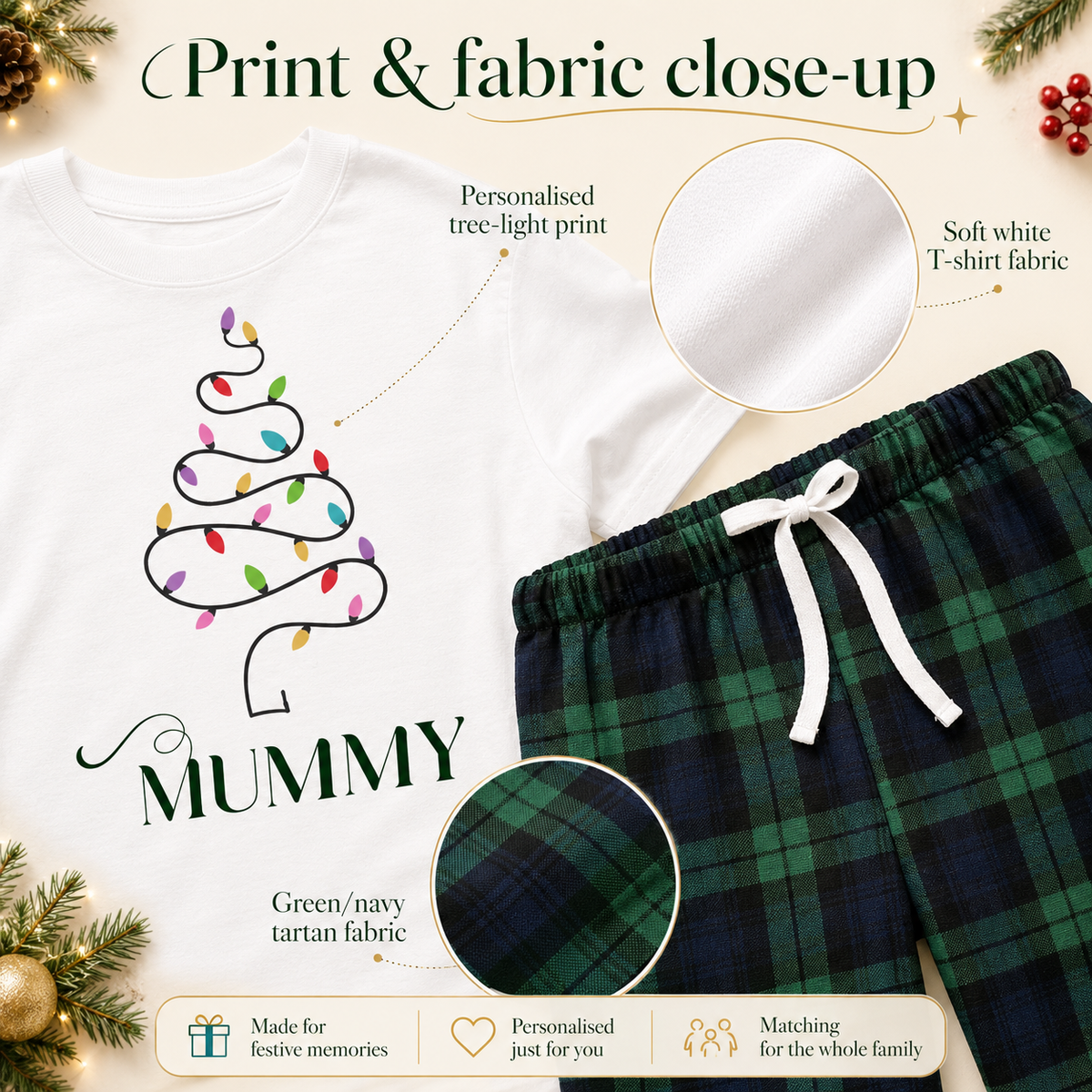 Personalised Matching Family Christmas Pyjamas – Tree Lights & Green Tartan