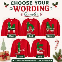 Load image into Gallery viewer, Personalised family matching xmas sweaters sweatshirts jumpers festive - YOUR name elf initial design - red
