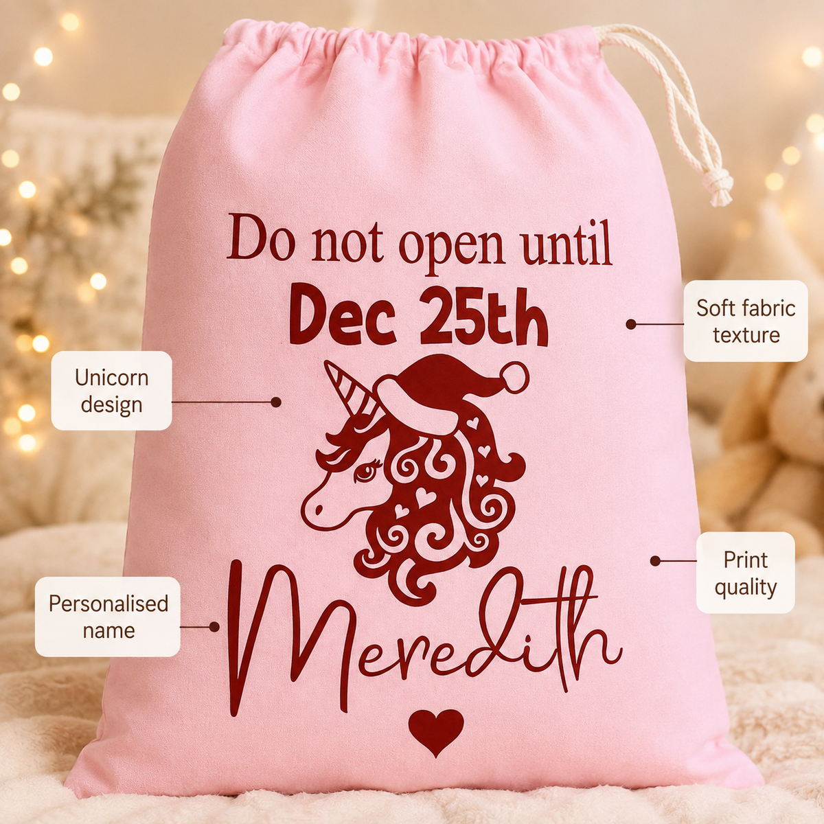 Personalised Pink Unicorn Santa Sack, XL 49 × 75cm Christmas Gift Bag