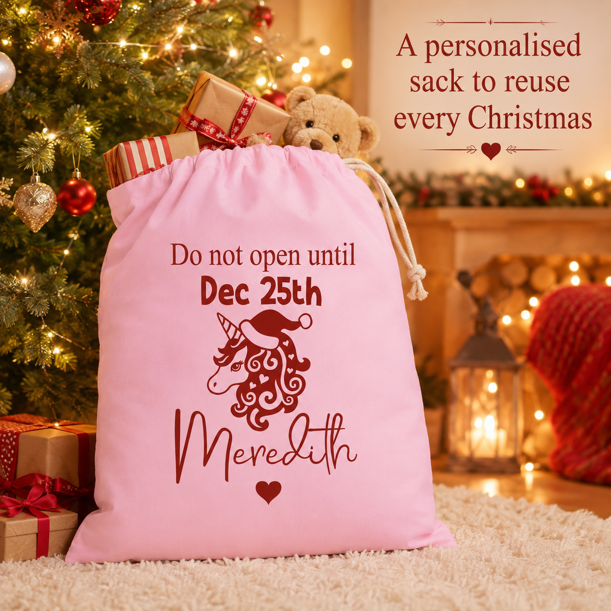 Personalised Pink Unicorn Santa Sack, XL 49 × 75cm Christmas Gift Bag