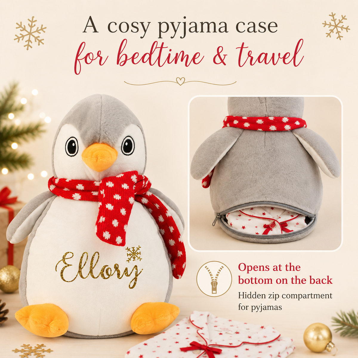 Personalised Penguin Pyjama Case, 40cm Christmas Teddy with Gold Glitter Name