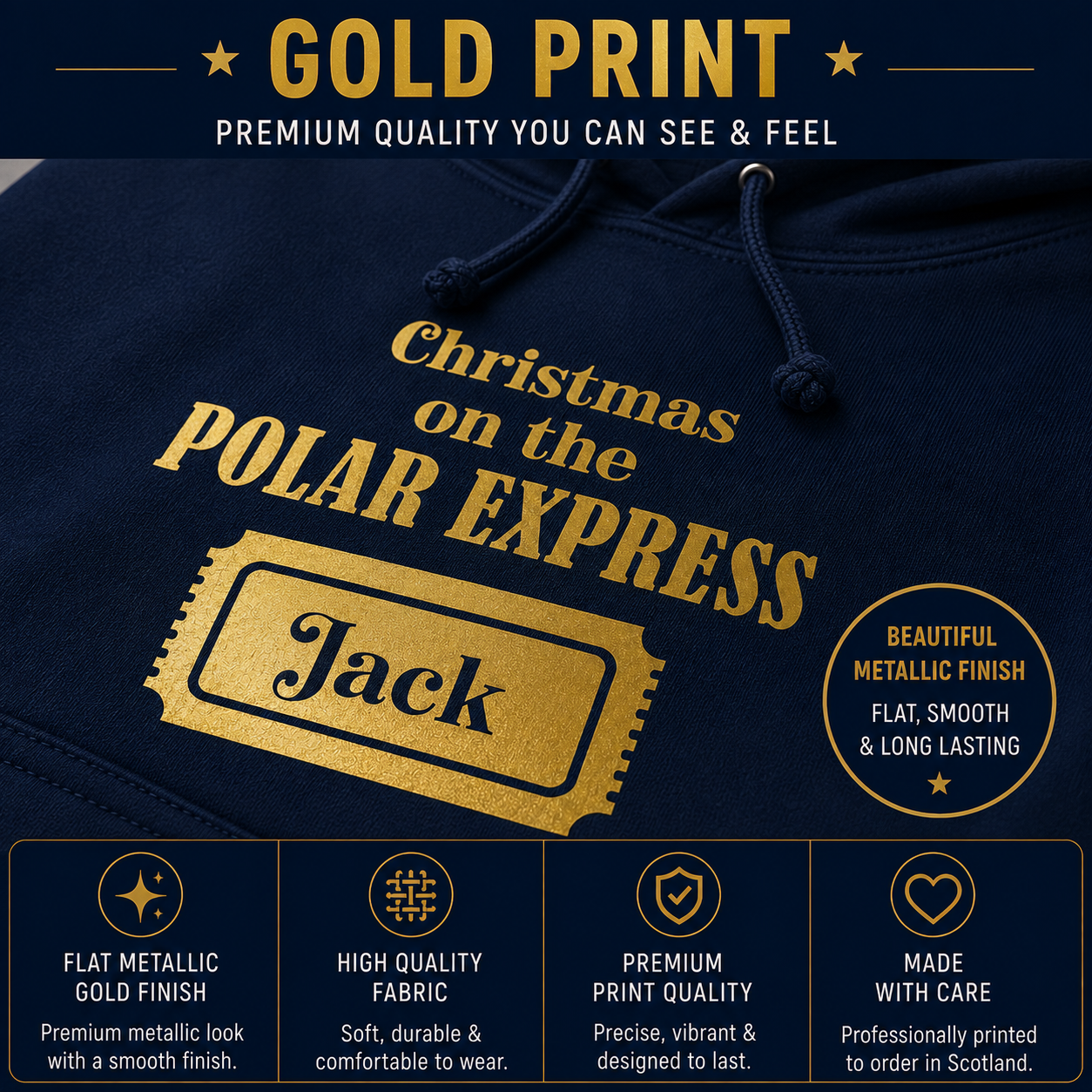 Personalised Polar Express Hoodie | Matching Family Christmas Hoodies | Gold Ticket Name Design | Kids & Adults