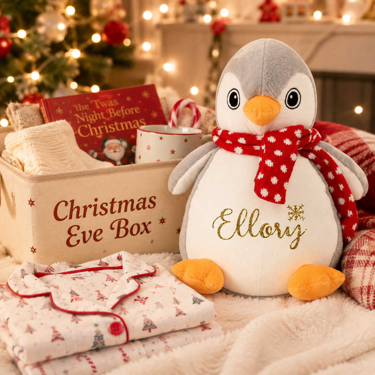 Personalised Penguin Pyjama Case, 40cm Christmas Teddy with Gold Glitter Name