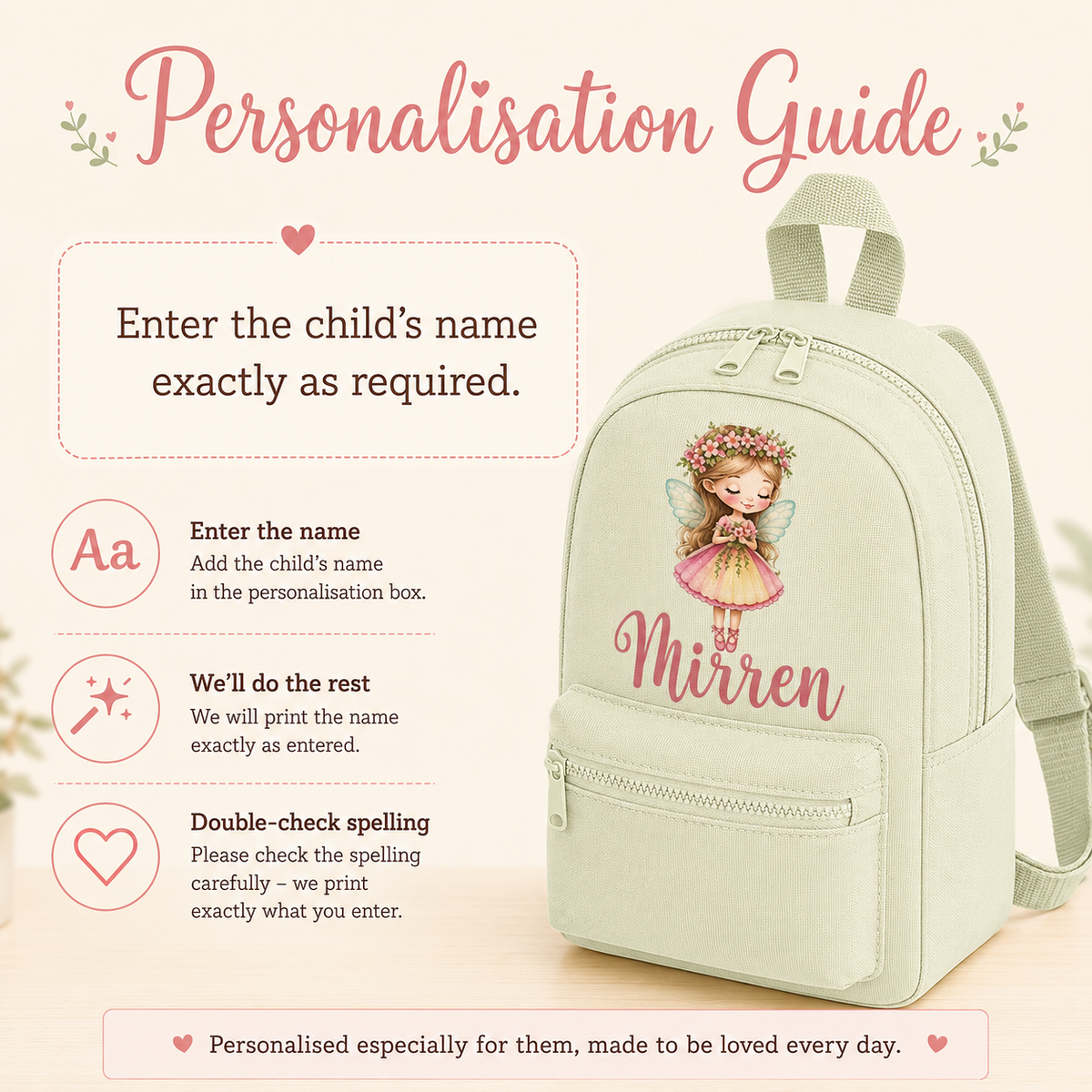 Personalised Fairy Mini Backpack, Custom Name Nursery Rucksack for Girls