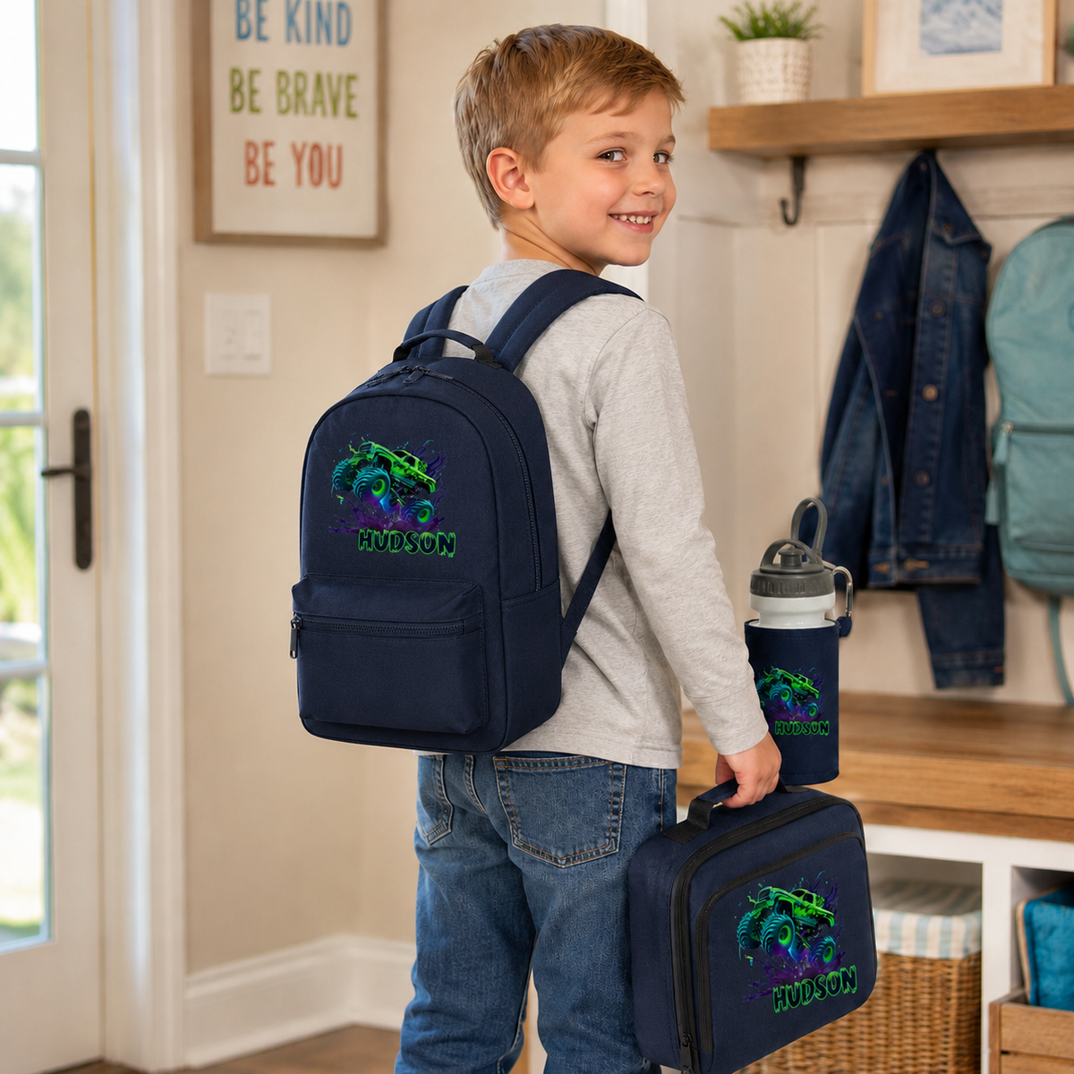 PERSONALISED: your name mini backpack back pack, lunch bag box and water bottle school set gym pe nursery bag Monster Truck