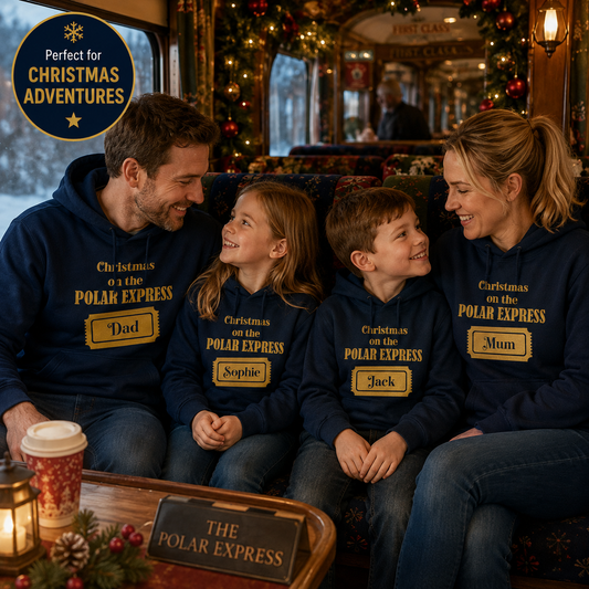 Personalised Polar Express Hoodie | Matching Family Christmas Hoodies | Gold Ticket Name Design | Kids & Adults