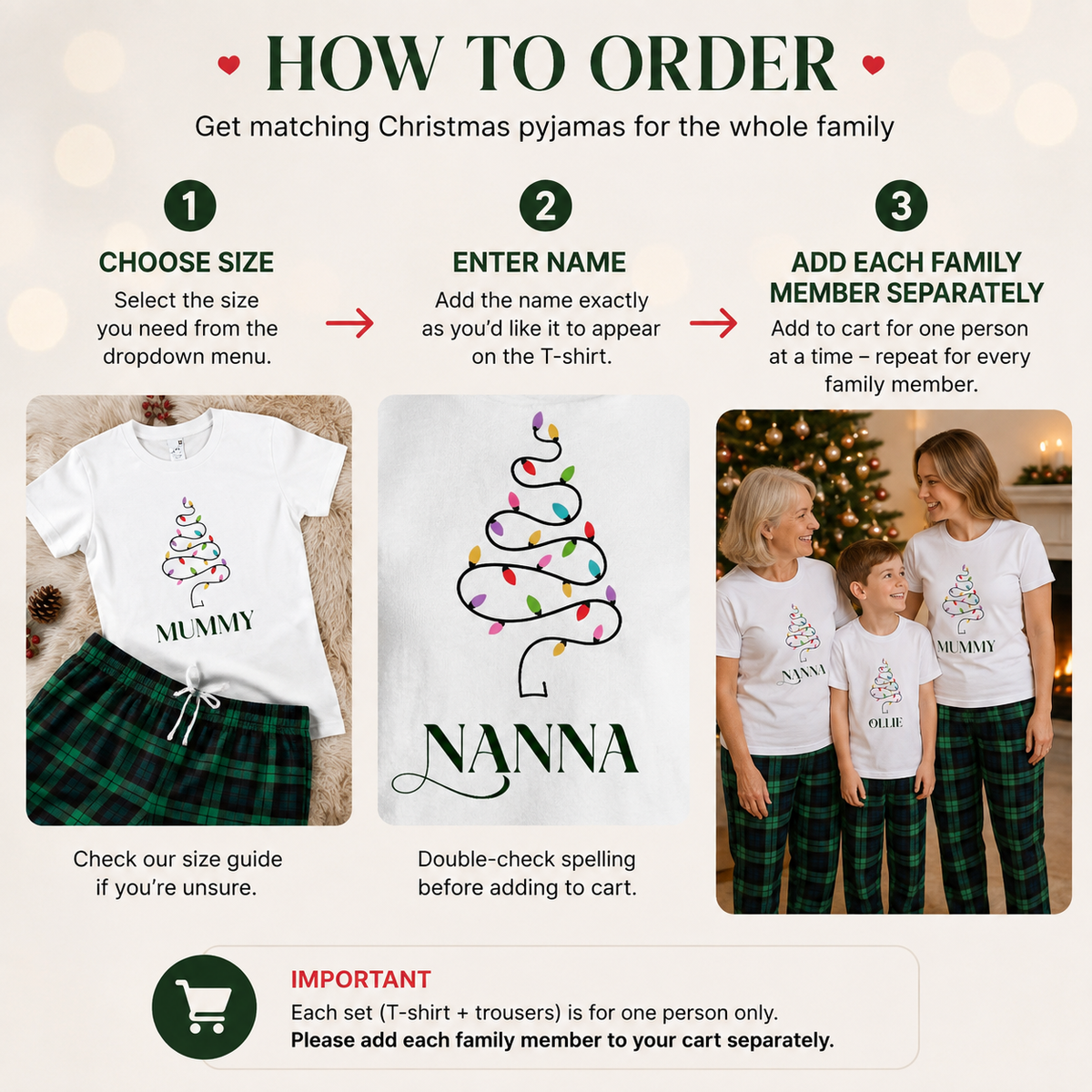 Personalised Matching Family Christmas Pyjamas – Tree Lights & Green Tartan