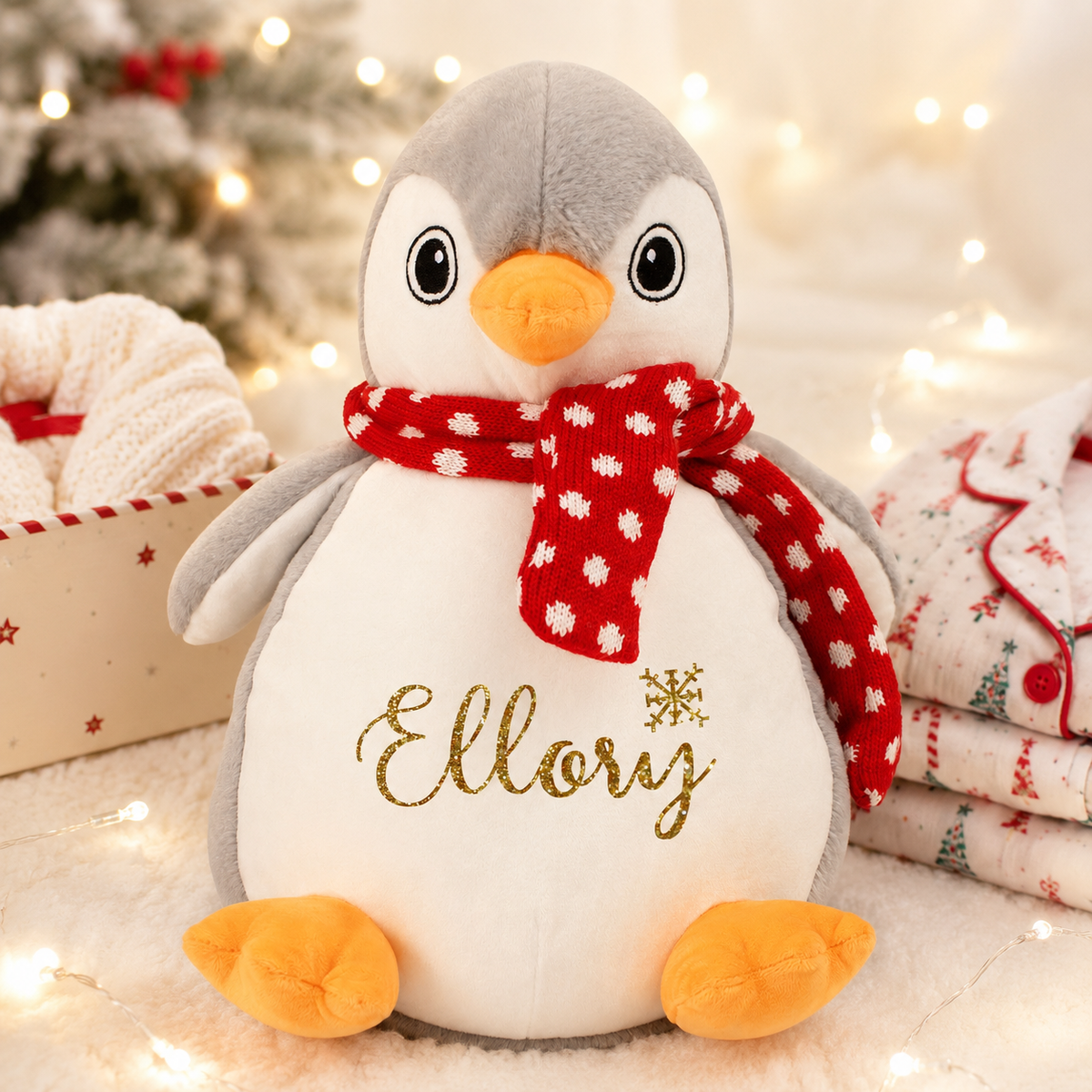 Personalised Penguin Pyjama Case, 40cm Christmas Teddy with Gold Glitter Name
