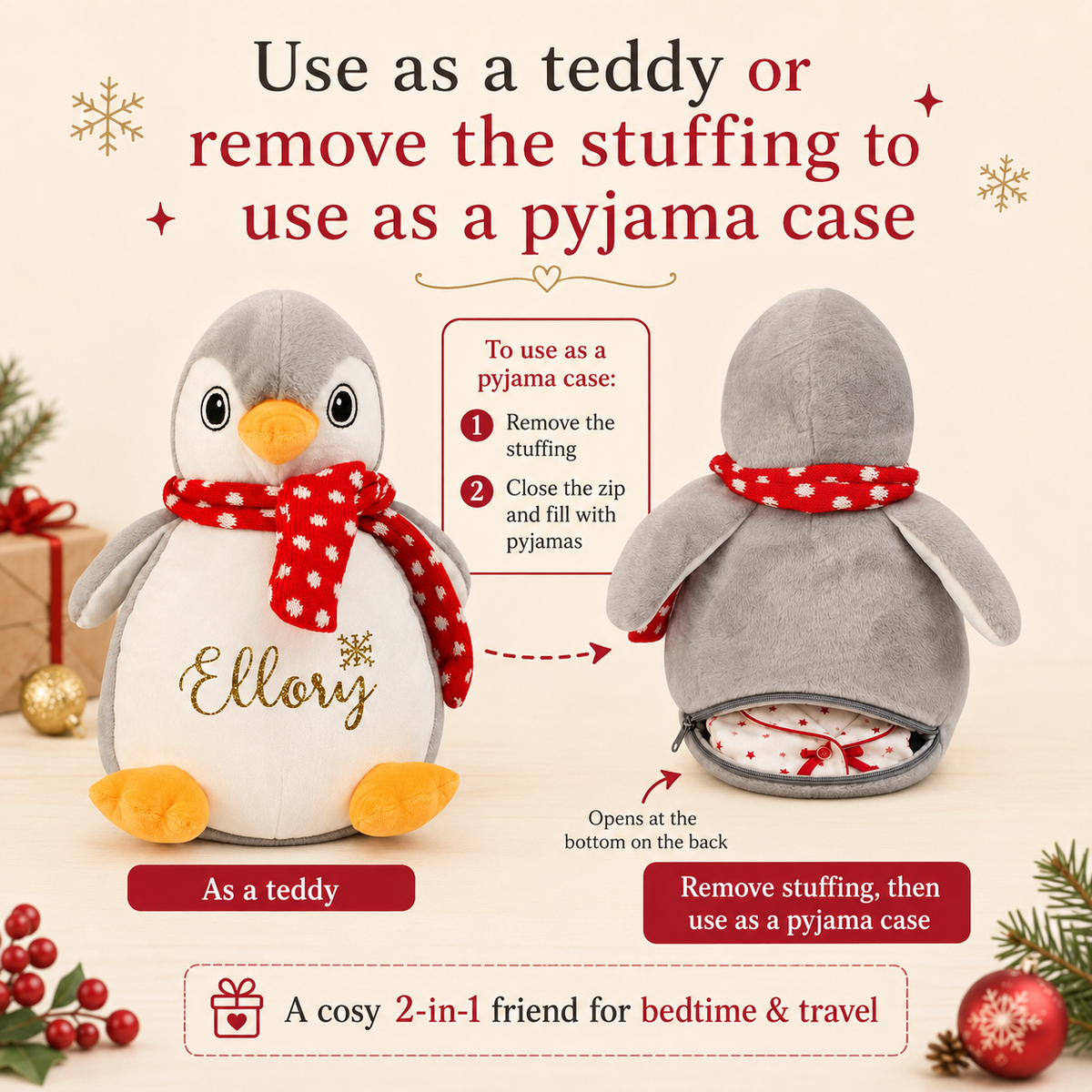 Personalised Penguin Pyjama Case, 40cm Christmas Teddy with Gold Glitter Name
