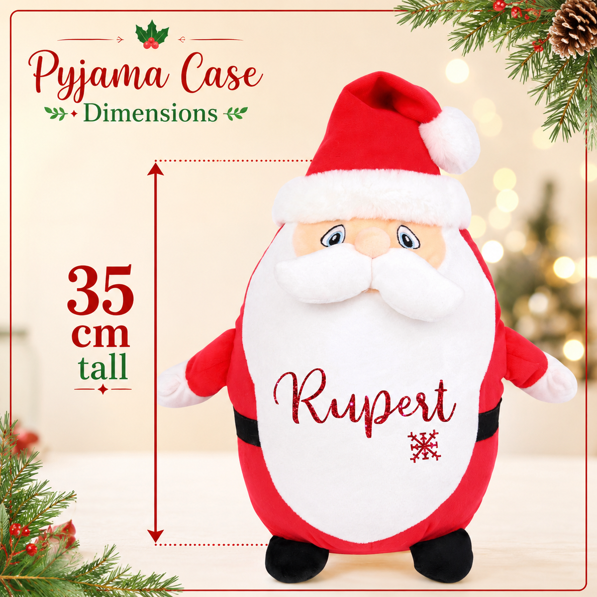Personalised Santa Pyjama Case, 35cm Teddy with Red Glitter Name