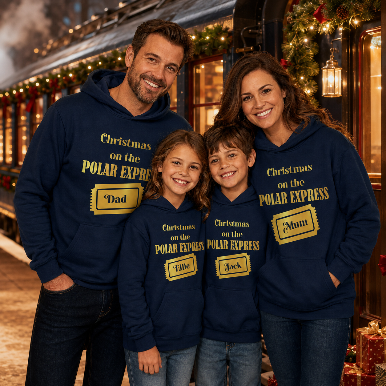 Personalised Polar Express Hoodie | Matching Family Christmas Hoodies | Gold Ticket Name Design | Kids & Adults