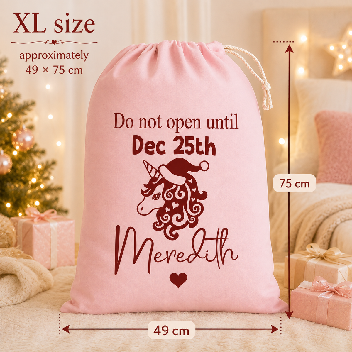 Personalised Pink Unicorn Santa Sack, XL 49 × 75cm Christmas Gift Bag