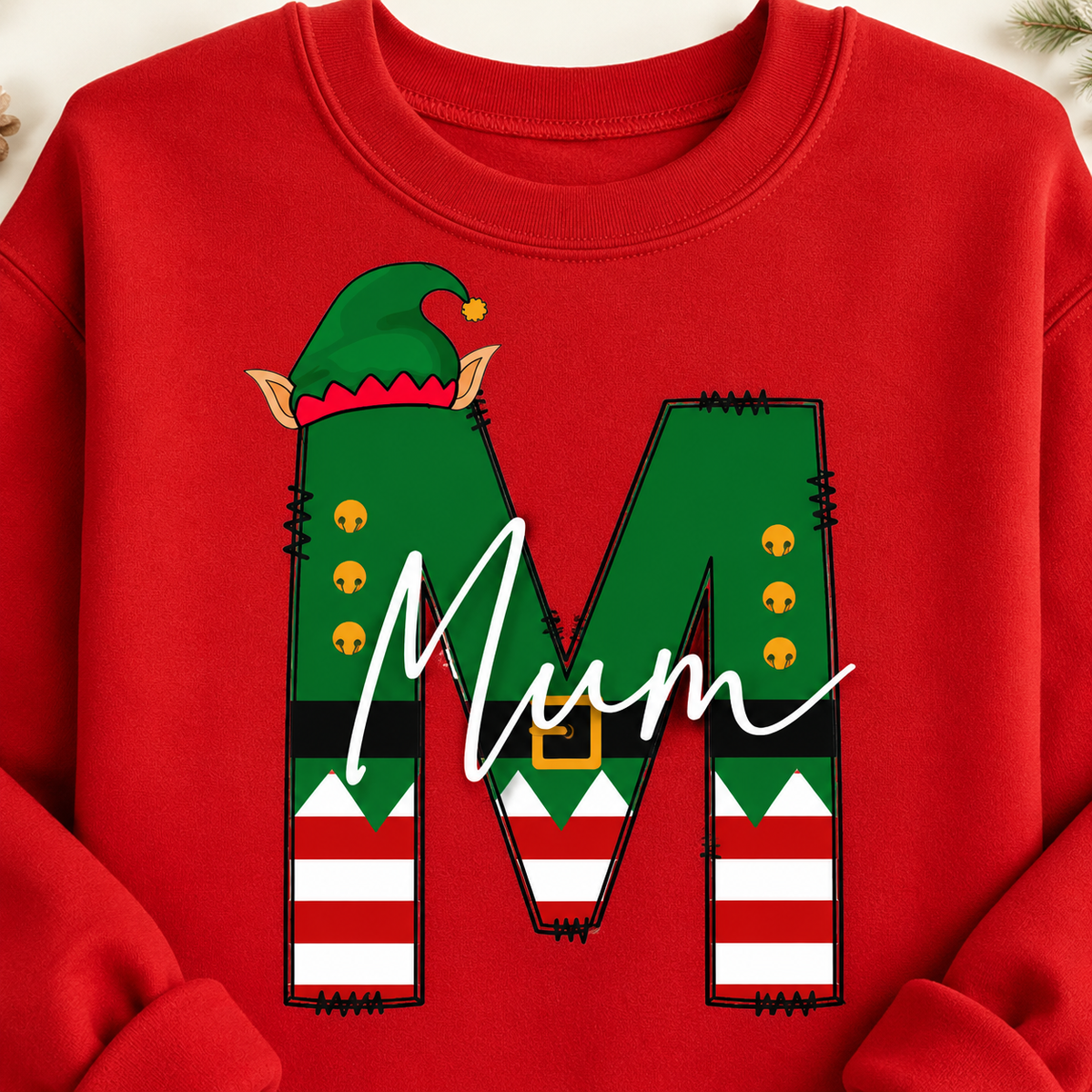 Personalised family matching xmas sweaters sweatshirts jumpers festive - YOUR name elf initial design - red