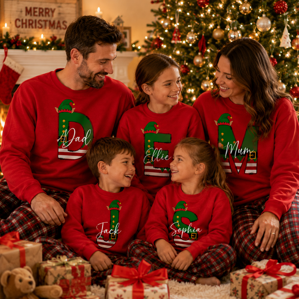 Personalised family matching xmas sweaters sweatshirts jumpers festive - YOUR name elf initial design - red