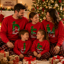 Load image into Gallery viewer, Personalised family matching xmas sweaters sweatshirts jumpers festive - YOUR name elf initial design - red