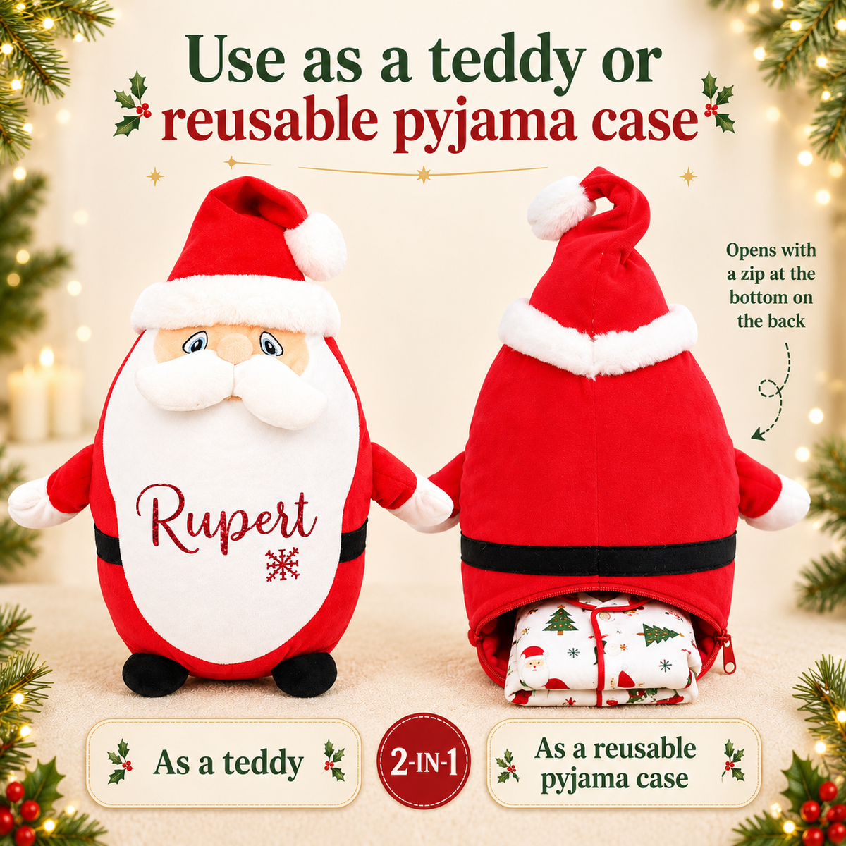 Personalised Santa Pyjama Case, 35cm Teddy with Red Glitter Name