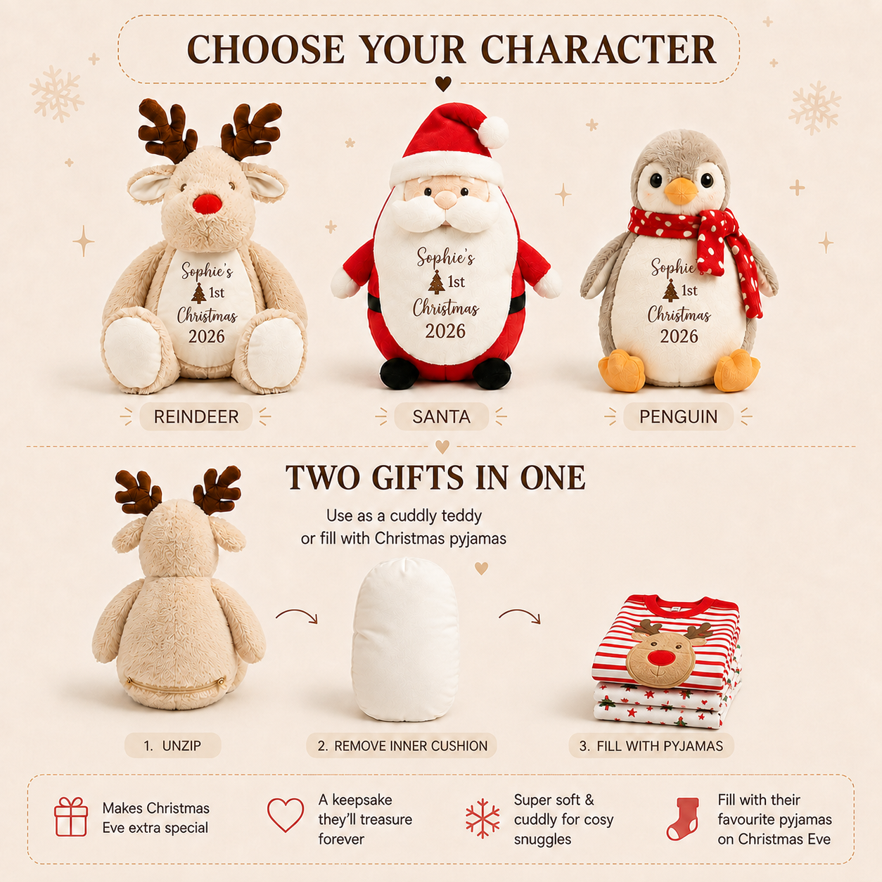 Personalised First Christmas Pyjama Case Teddy, Reindeer, Santa or Penguin