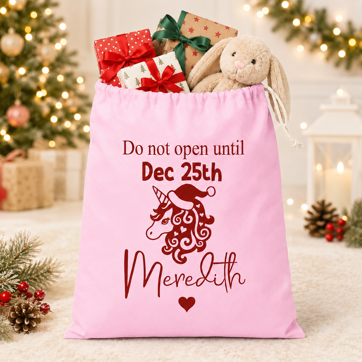 Personalised Pink Unicorn Santa Sack, XL 49 × 75cm Christmas Gift Bag