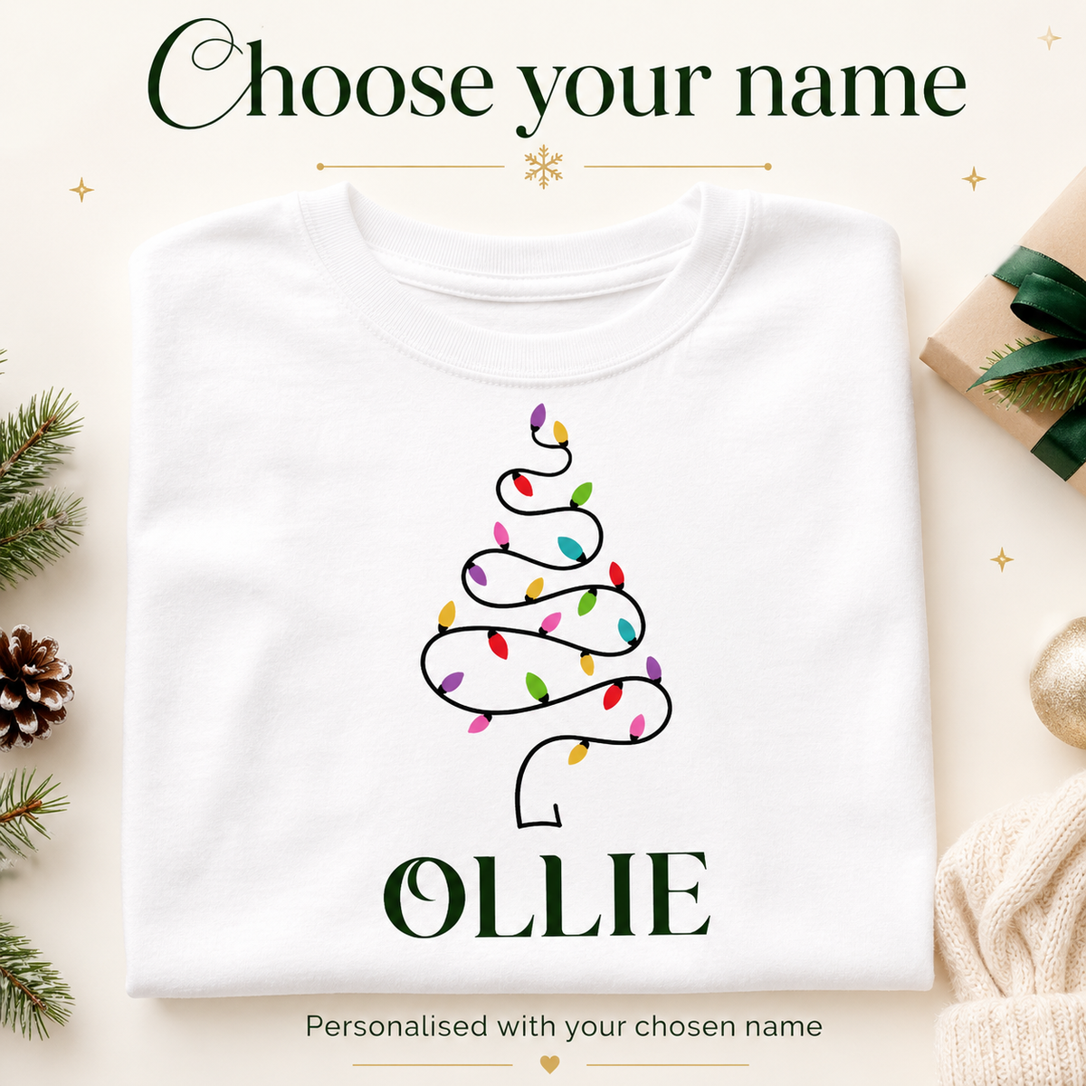 Personalised Matching Family Christmas Pyjamas – Tree Lights & Green Tartan