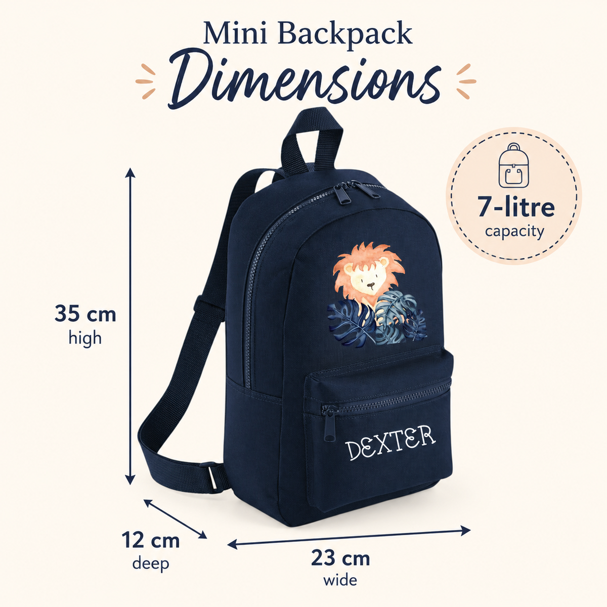 Personalised Lion Mini Backpack – Custom Name Kids’ Safari Nursery Rucksack, 7L
