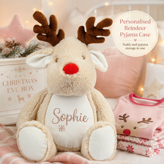 Personalised Reindeer Pyjama Case, 40cm Christmas Teddy with Rose Gold Glitter Name