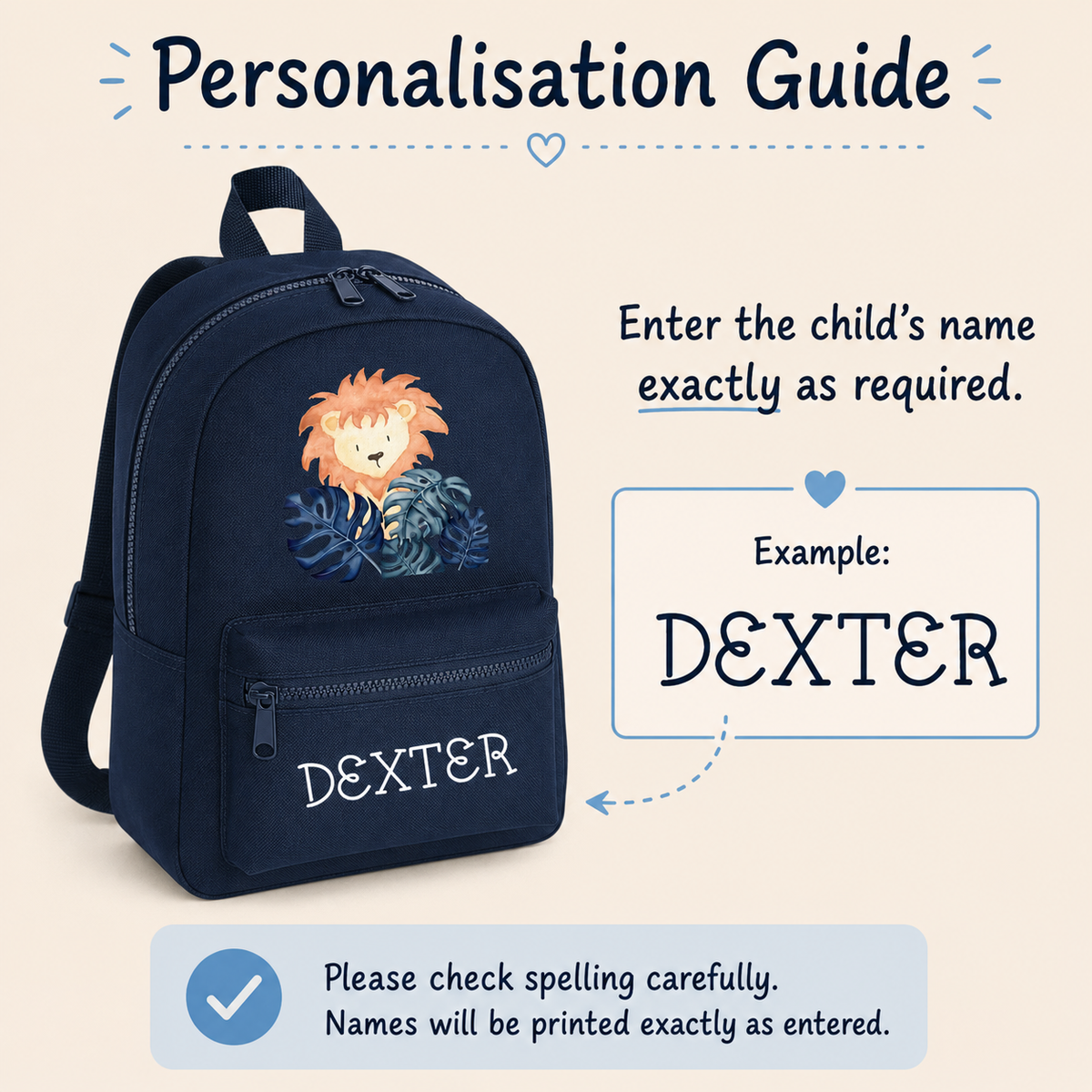 Personalised Lion Mini Backpack – Custom Name Kids’ Safari Nursery Rucksack, 7L