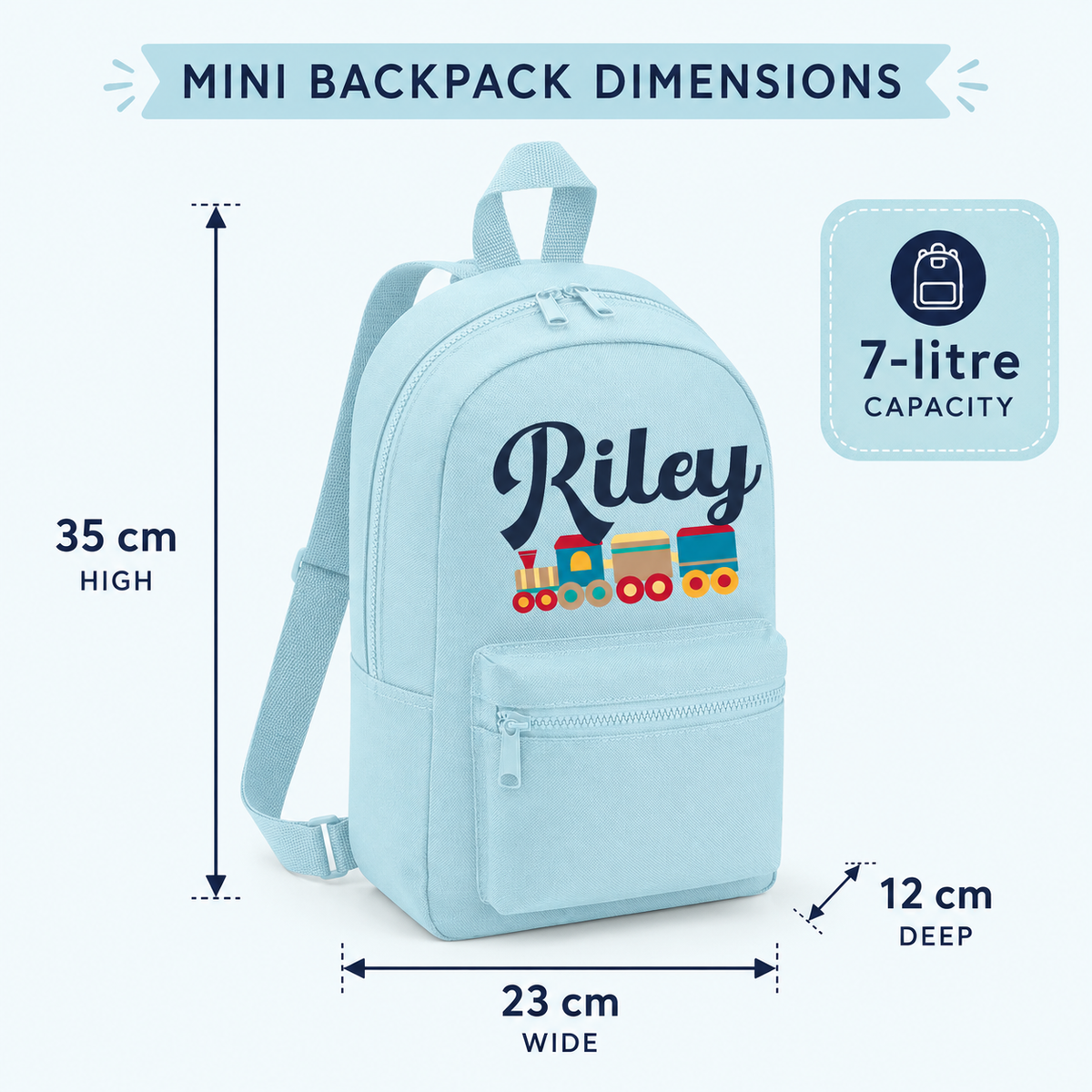 Personalised Train Mini Backpack – Custom Name Kids’ Nursery Rucksack, 7L