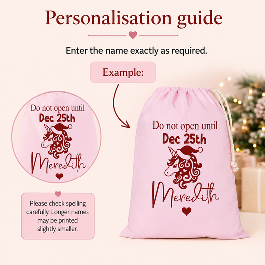 Personalised Pink Unicorn Santa Sack, XL 49 × 75cm Christmas Gift Bag