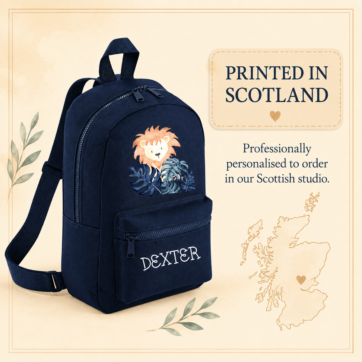 Personalised Lion Mini Backpack – Custom Name Kids’ Safari Nursery Rucksack, 7L