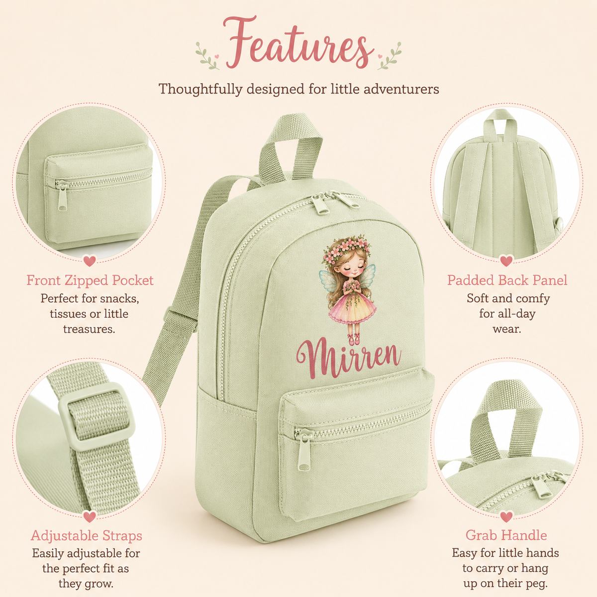 Personalised Fairy Mini Backpack, Custom Name Nursery Rucksack for Girls