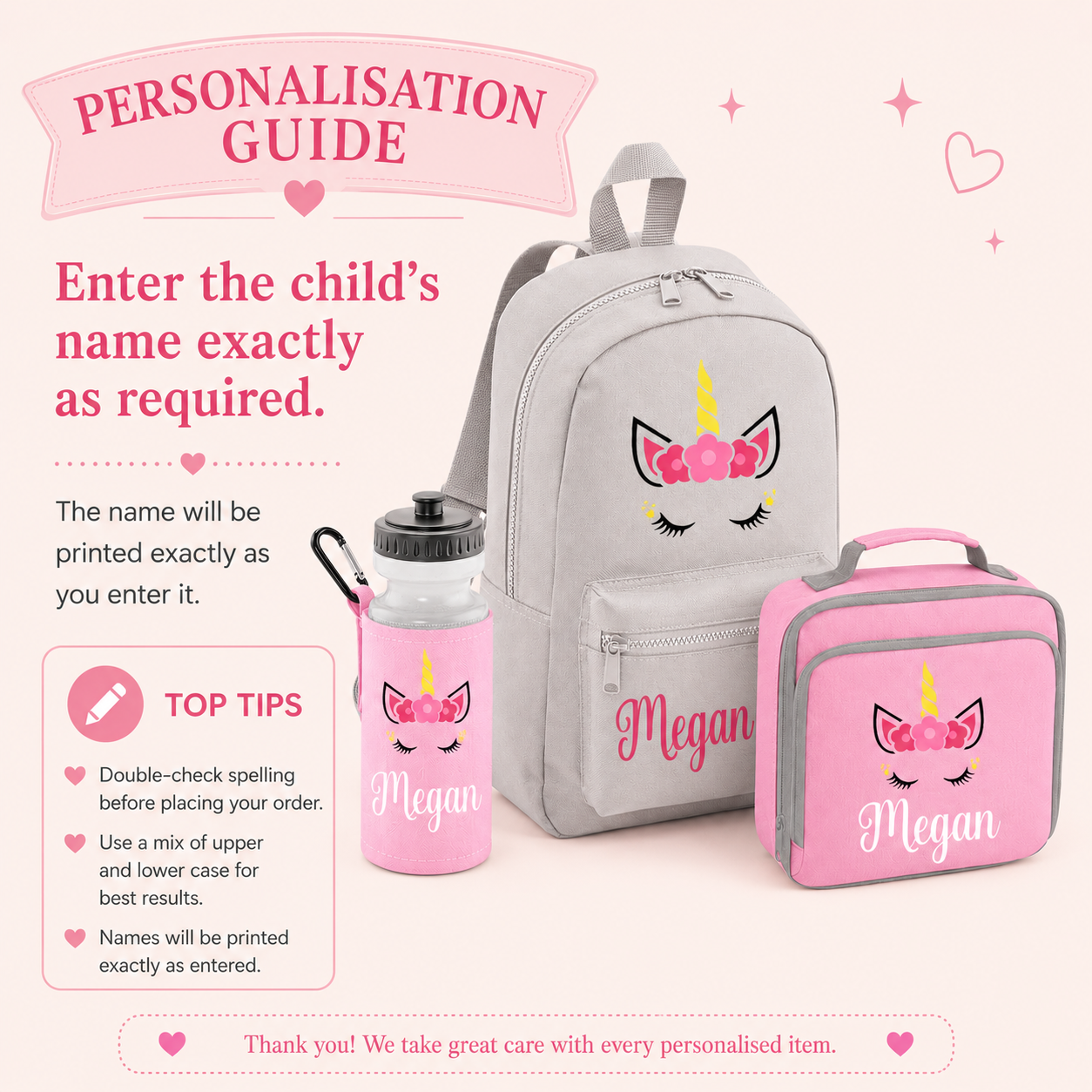 Personalised Unicorn School Set, Girls Backpack Lunch Bag and Water Bottle, Named Nursery Bag Set