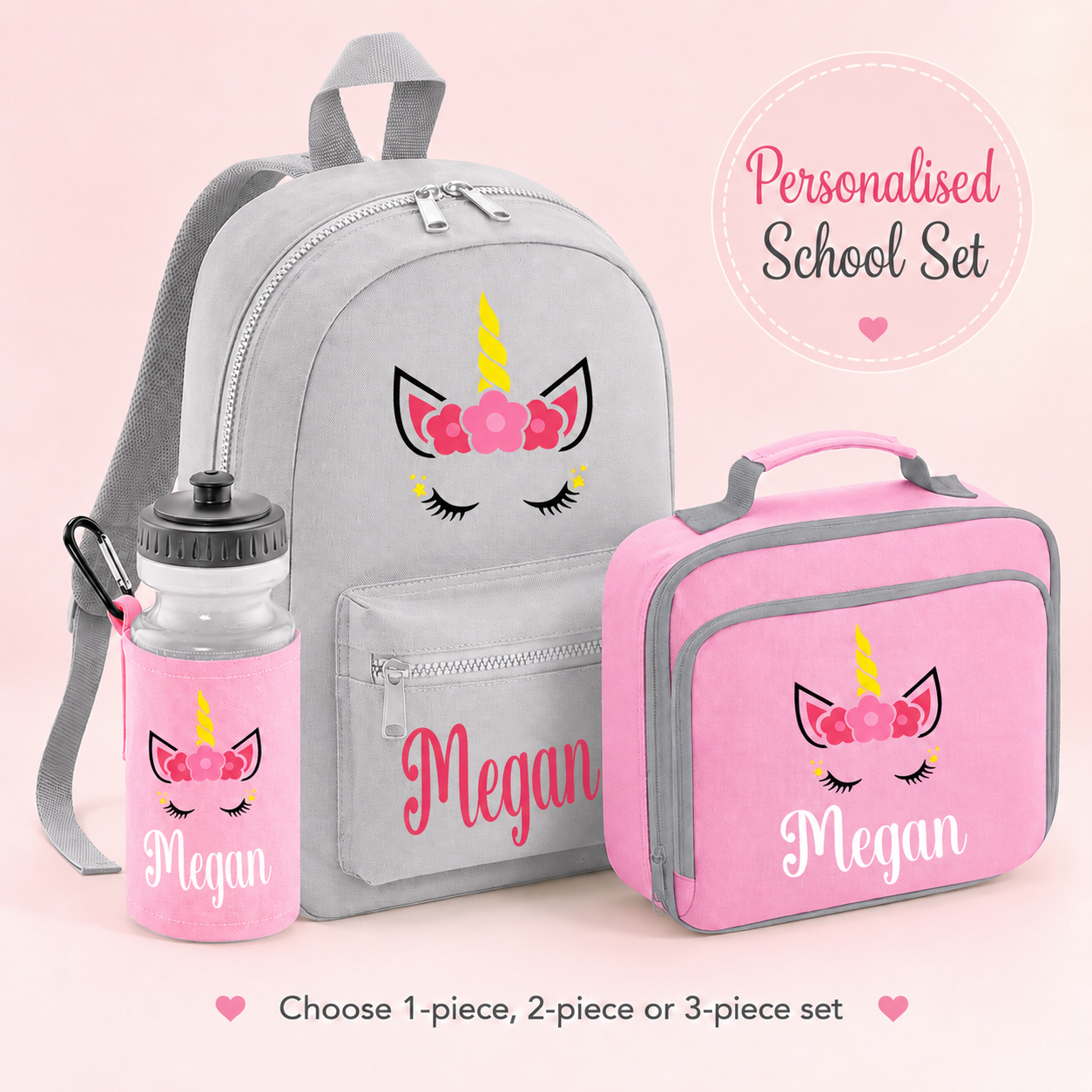 Personalised Unicorn School Set, Girls Backpack Lunch Bag and Water Bottle, Named Nursery Bag Set