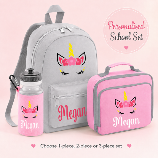 Personalised Unicorn School Set, Girls Backpack Lunch Bag and Water Bottle, Named Nursery Bag Set
