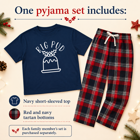 Big Pud & Little Pud Matching Family Christmas Pyjamas – Navy Tartan