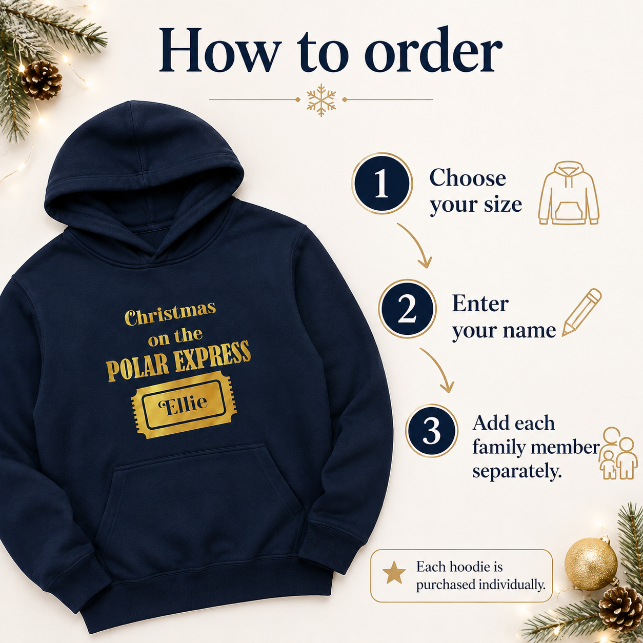 Personalised Polar Express Hoodie | Matching Family Christmas Hoodies | Gold Ticket Name Design | Kids & Adults