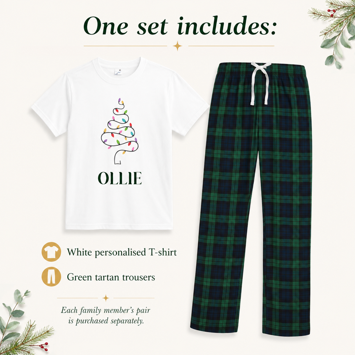 Personalised Matching Family Christmas Pyjamas – Tree Lights & Green Tartan