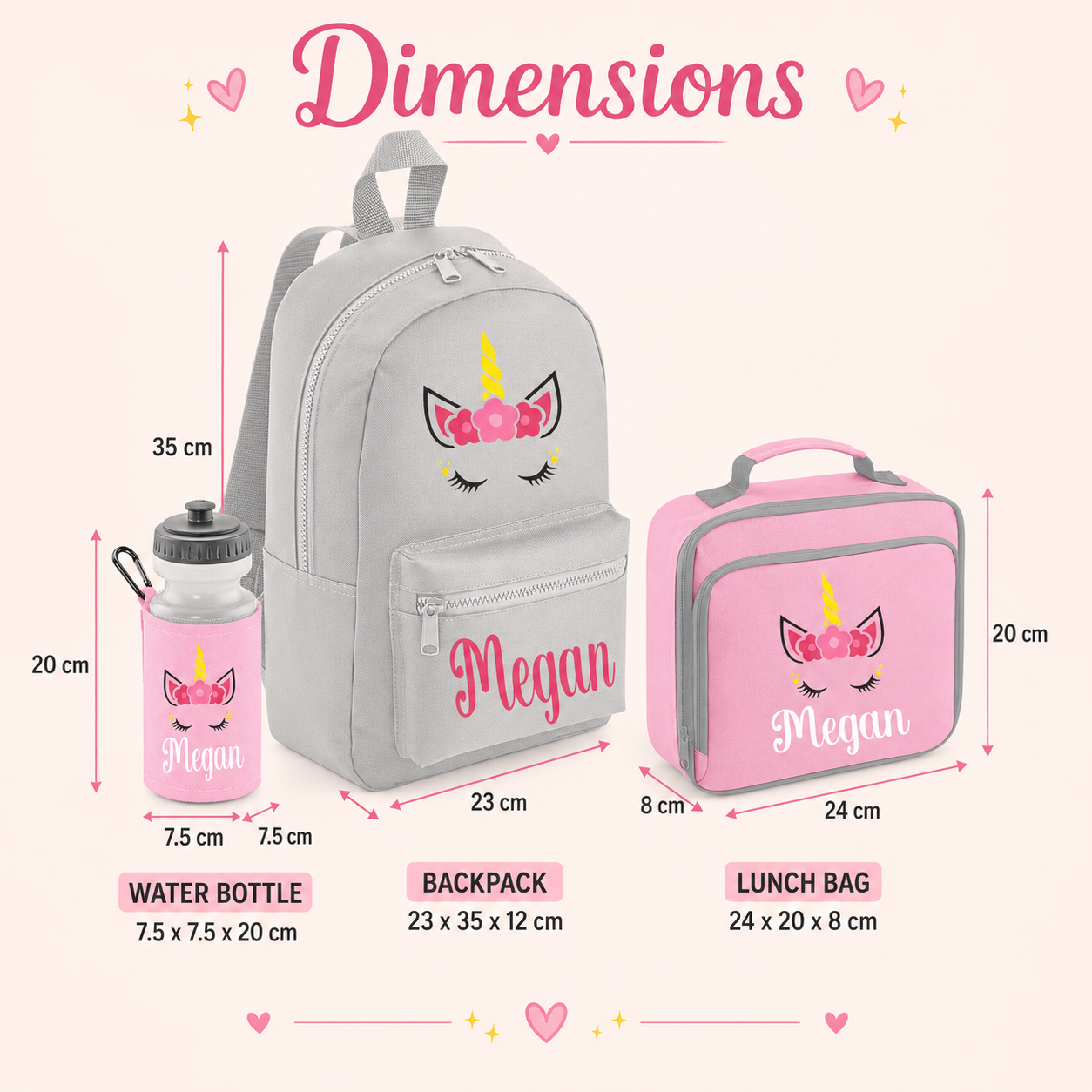 Personalised Unicorn School Set, Girls Backpack Lunch Bag and Water Bottle, Named Nursery Bag Set
